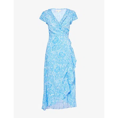 Aspiga Demi Ruffle-trim Floral-print Woven Midi Wrap Dress In Floral Blue/white