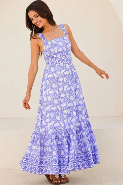 Aspiga Womens Sustainable Aurelia Block Print Organic Cotton Summer Wedding Guest Evening Dress Floral Prin In Blue
