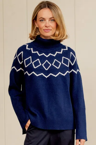 Aspiga Womens Sustainable Cashmere Blend Geo Fairisle Roll Neck Jumper Navy Cream | L/14 - (uk 14/us 10/eu  In Blue
