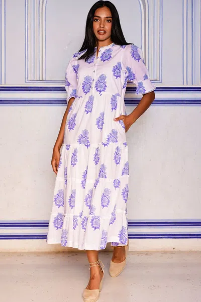 Aspiga Womens Sustainable Cordelia Organic Cotton Block Print Summer Wedding Guest Evening Dress Floral Pri In Blue