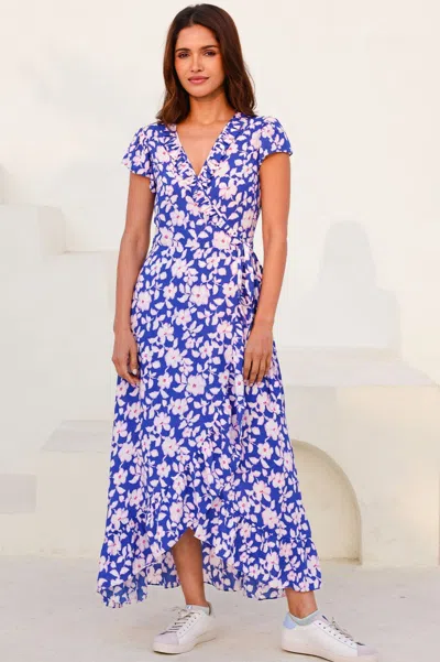 Aspiga Womens Sustainable Demi Ecovero Viscose Wrap Summer Wedding Guest Evening Dress Floral Printed Cobal In Blue