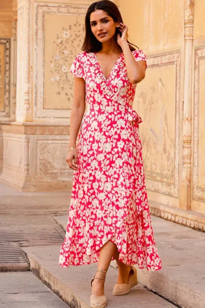 Aspiga Womens Sustainable Demi Short Sleeve Wrap Ecovero Viscose Summer Wedding Guest Evening Dress Floral  In Pink