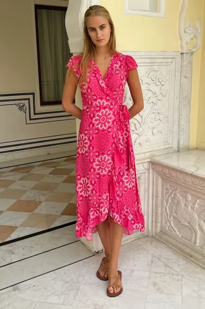 Aspiga Womens Sustainable Demi Short Sleeve Wrap Ecovero Viscose Summer Wedding Guest Evening Dress Floral  In Pink
