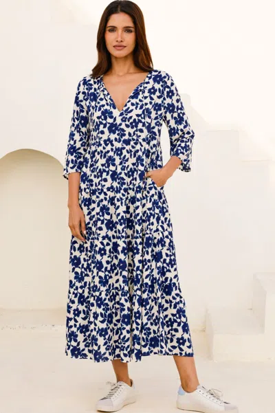 Aspiga Womens Sustainable Emma Midi Dress Ecovero Summer Wedding Guest Floral Printed Cream Navy | M/12 - ( In Blue