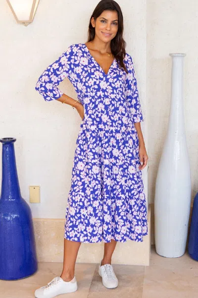 Aspiga Womens Sustainable Emma Midi Dress Ecovero Viscose Floral Printed Summer Wedding Guest Blue Pink