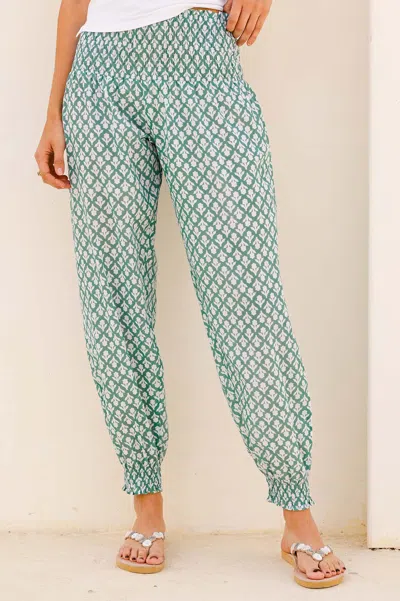 Aspiga Womens Sustainable Harem Organic Cotton Trousers Floral Printed Summer Holiday Green White | L/xl Ho In Blue