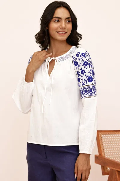 Aspiga Womens Sustainable Ida Embroidered Top Organic Cotton Floral Summer Holiday White Embroidery Blue | 