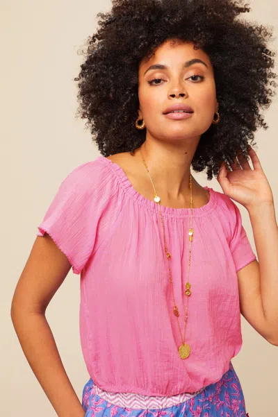 Aspiga Womens Sustainable Ilana Frill Gauze Organic Cotton Top Summer Holiday On / Off The Shoulder Pink | 