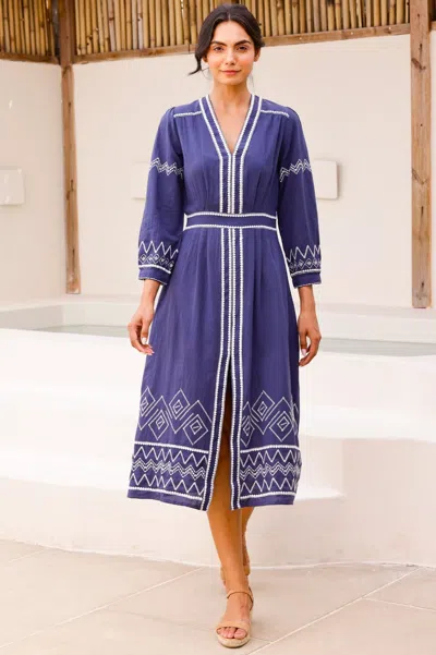 Aspiga Womens Sustainable Jamila Embroidered Organic Cotton Dress Winter Navy Blue White | Xl/16 - (uk 16/u