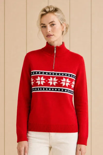Aspiga Womens Sustainable Merino Wool Snowflake Fairisle Quarter Zip Jumper Red Navy White Apres Ski