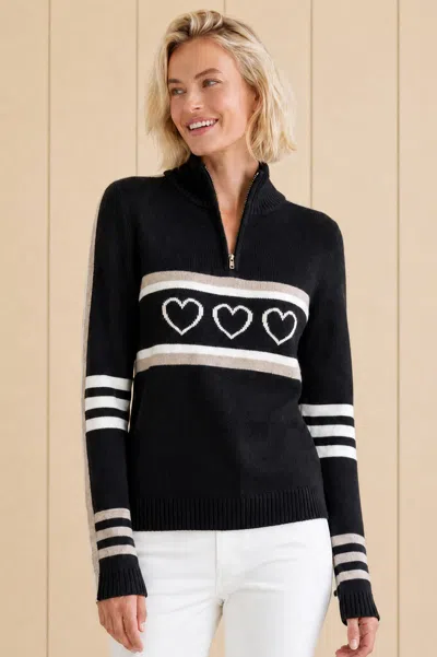 Aspiga Womens Sustainable Merino Wool Stripe Hearts Quarter Zip Black/off White/taupe