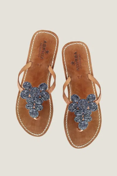 Aspiga Womens Sustainable Mia Kenyan Beaded Heel Sandals Leather And Glass Beads Floral Bullet Silver Grey  In Brown
