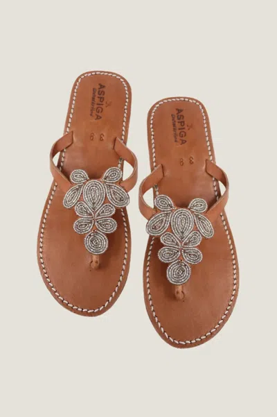 Aspiga Womens Sustainable Mia Kenyan Beaded Heel Sandals Leather And Glass Beads Floral Silver | 40 In Brown