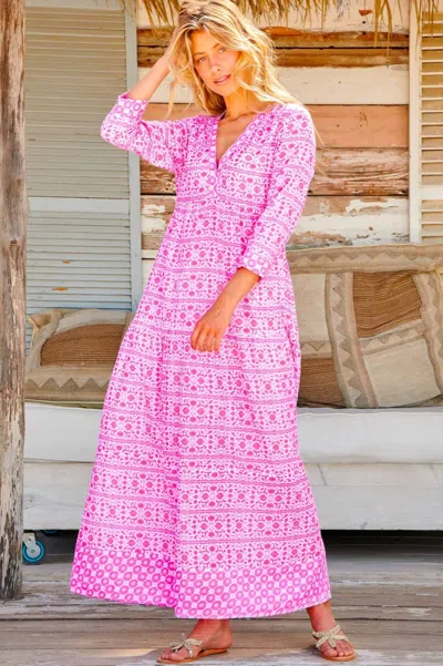 Aspiga Womens Sustainable Mykonos Maxi Dress Organic Cotton Printed Summer Holiday Beach Cover Up Pink Whit