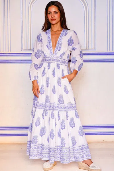 Aspiga Womens Sustainable Pippa Long Sleeve Block Print Cotton Summer Wedding Guest Evening Dress Floral Pr In Blue