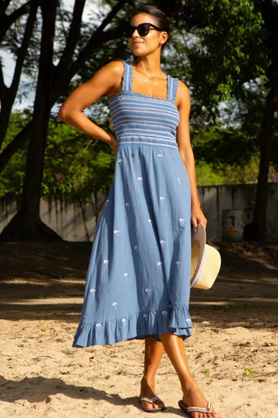 Aspiga Womens Sustainable Rhianna Organic Cotton Strap Dress Ruched Embroider Summer Holiday Blue