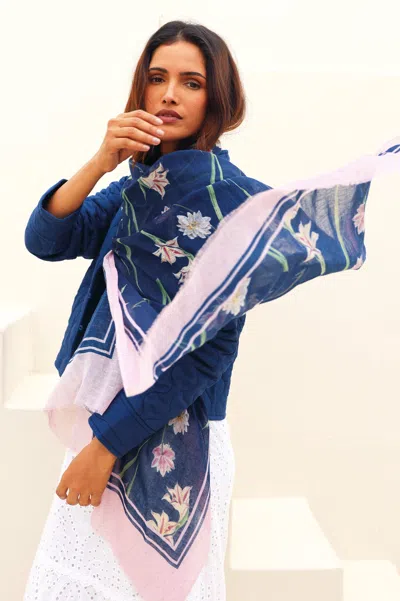 Aspiga Womens Sustainable Rhs Chiffron Printed Scarf Large Lily Flower Navy Pink