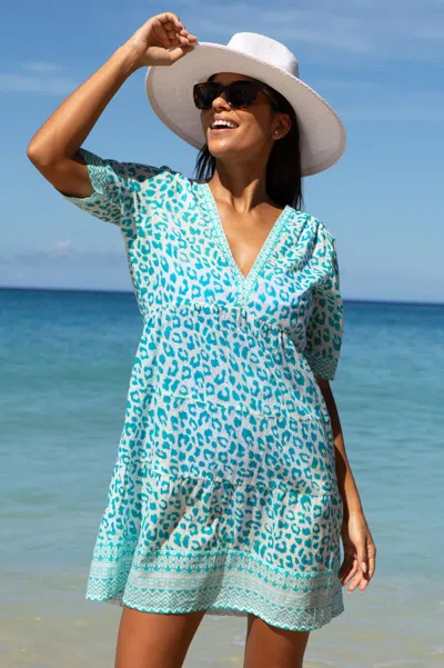 Aspiga Womens Sustainable Santorini Cotton Kaftan Dress Summer Holiday Beach Cover Up Cheetah Printed Summe In Green