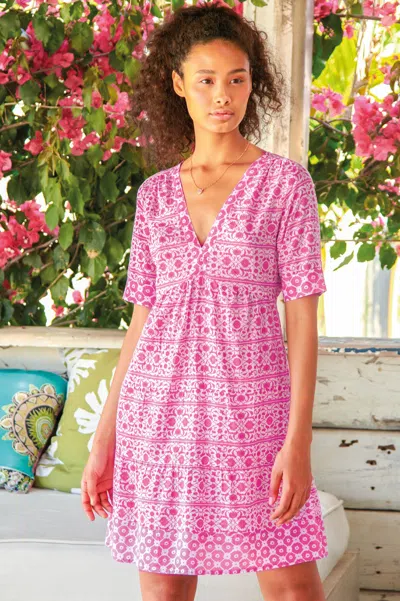 Aspiga Womens Sustainable Santorini Cotton Kaftan Dress Summer Holiday Printed Beach Cover Up White Pink | 
