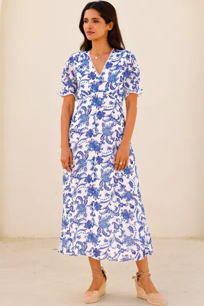 Aspiga Womens Sustainable Short Sleeve Sally Anne Viscose Summer Wedding Guest Evening Dress Floral Printed In Blue
