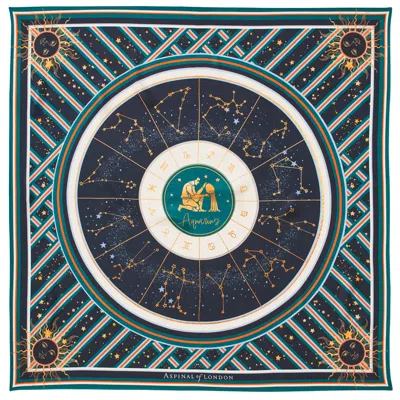 Aspinal Of London Aquarius Zodiac Silk Scarf In Blue