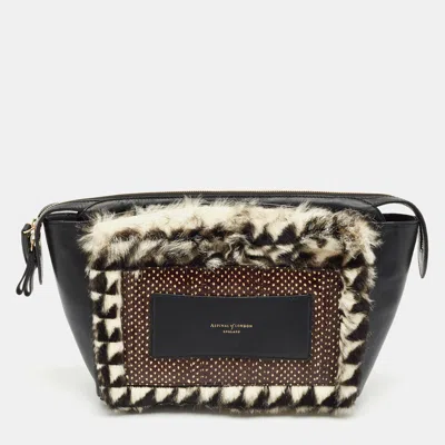 Pre-owned Aspinal Of London Black/white Leather Rabbit Fur And Snakeskin Shoulder Bag