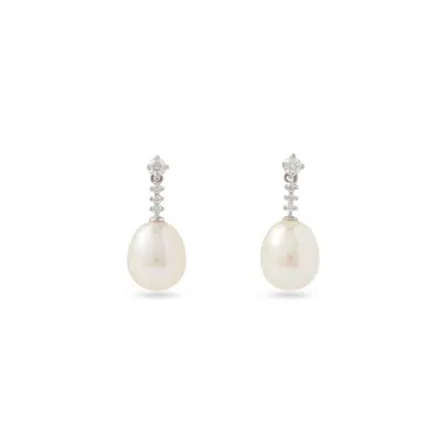 Aspinal Of London Classic Diamond & Freshwater Pearl Drop Earrings Set In White