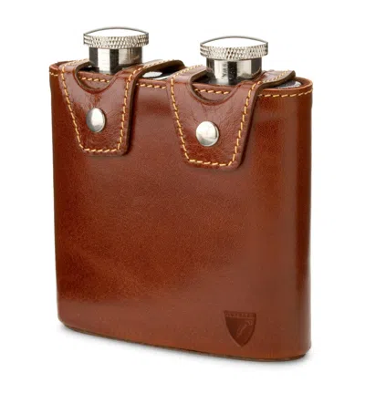 Aspinal Of London Double Leather Hip Flask In Brown