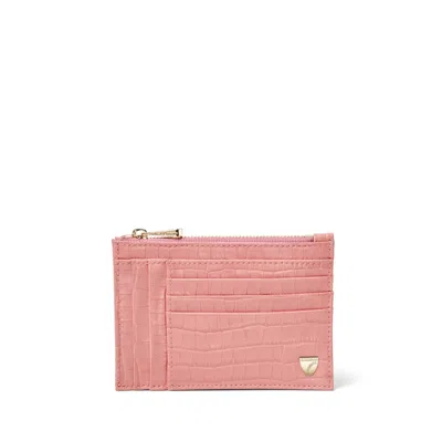 Aspinal Of London Double Sided Zipped Card & Coin Holder In Deep Shine Cherry Blossom Small Croc In Pink