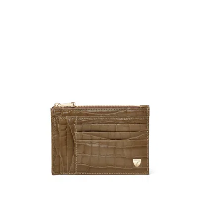 Aspinal Of London Double Sided Zipped Card & Coin Holder In Mouse Patent Croc In Brown