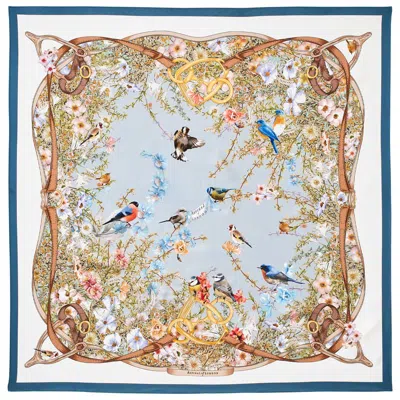 Aspinal Of London Edwardian Garden Silk Scarf In Sky Blue Pure Silk In Orange