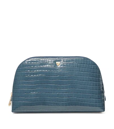 Aspinal Of London Large Leather Croc-embossed Cosmetic Case In Blue