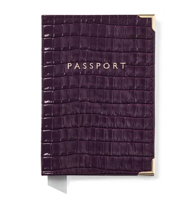 Aspinal Of London Leather Croc-embossed Passport Cover In Purple