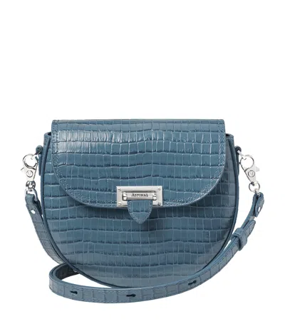Aspinal Of London Leather Croc-embossed Portobello Cross-body Bag In Blue