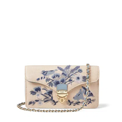 Aspinal Of London Mayfair® Clutch In English Garden Sky Blue Hand Embroidery On Canvas Raffia In Multi