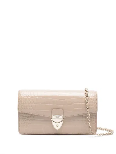 Aspinal Of London Mayfair Logo-lettering Patent-leather Clutch Bag In Taupe