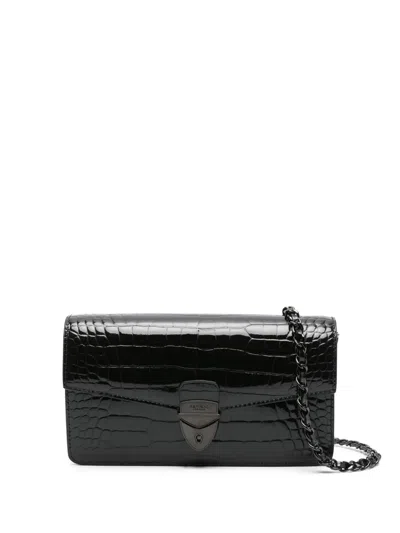Aspinal Of London Mayfair Logo-lettering Patent-leather Clutch Bag In Black