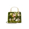 Aspinal Of London Mayfair Midi Green Leather Velvet English Garden Birds Hand Embroidered Bag