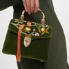 Aspinal Of London Mayfair Midi Green Velvet And Leather Birds Paradise Hand Embroidered Bag