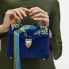 Aspinal Of London Mayfair Midi Navy Blue And Green Velvet Leather Peacock Hand Embroidery Bag