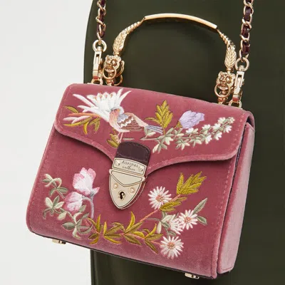 Aspinal Of London Mayfair Mini Pink, White And Gold Leather Velvet English Garden Bird Hand Embroidered Bag