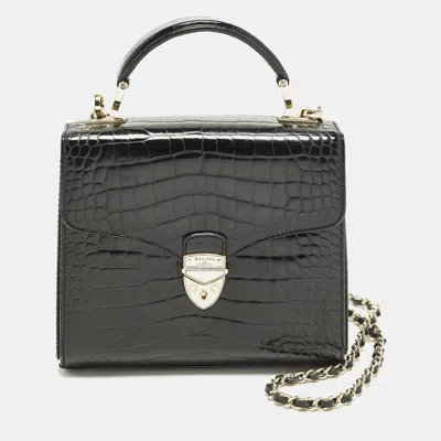 Pre-owned Aspinal Of London Mayfair Small Black Croc Embossed Patent Leather Top Handle Bag