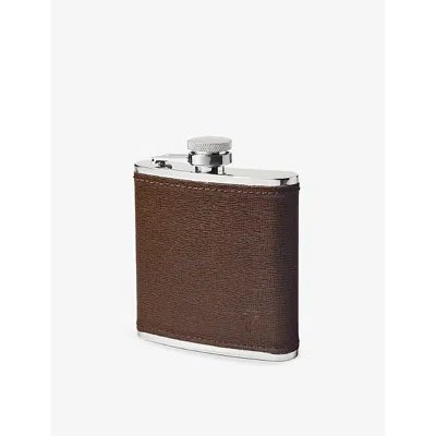 Aspinal Of London Mens Coffee Classic Logo-embossed Leather And Stainless-steel Hip Flask