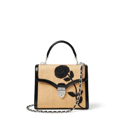 Aspinal Of London Midi Mayfair Black Rose Hand Embroidery On Natural Raffia In Neutral
