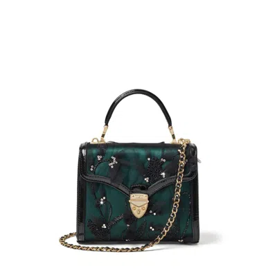 Aspinal Of London Midi Mayfair Emerald Satin With Hand Embroidered Black Tulle In Green