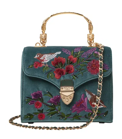 Aspinal Of London Midi Velvet Floral Embroidered Mayfair Bag In Blue
