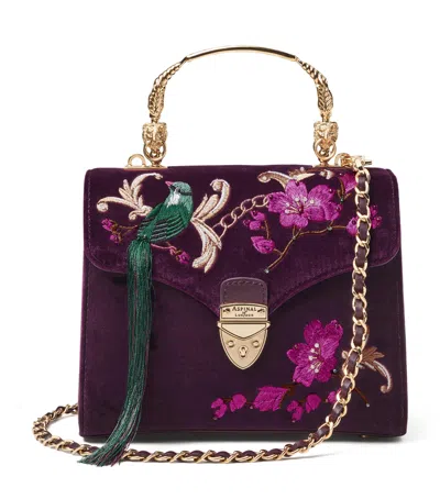 Aspinal Of London Midi Velvet Floral Embroidered Mayfair Bag In Purple