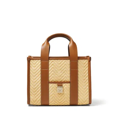 Aspinal Of London Mini Henley Tote In Natural Chevron Raffia & Smooth Tan In Brown