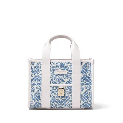 Aspinal Of London Mini Henley Tote In Toile De Jouy Hand Embroidery On Sky Blue In Multi