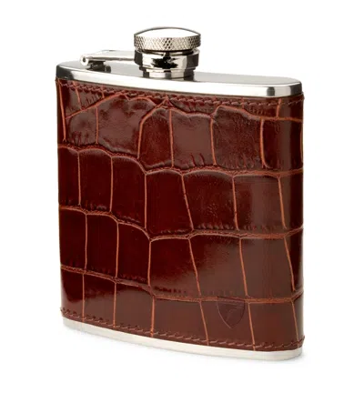 Aspinal Of London Mock Crocodile Hip Flask In Brown